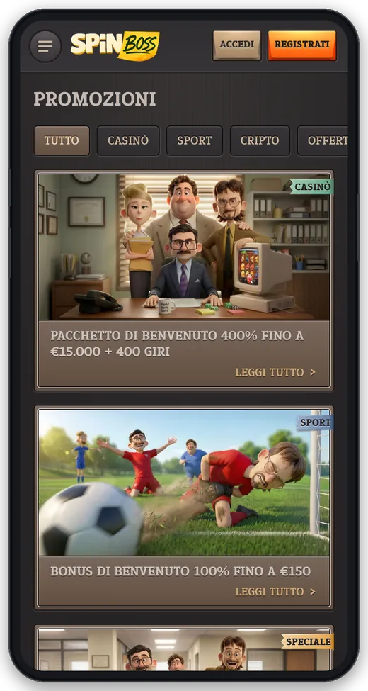 Pagina Promozioni SpinBoss da mobile con pacchetto di benvenuto casinò e bonus sport 100% fino a €150