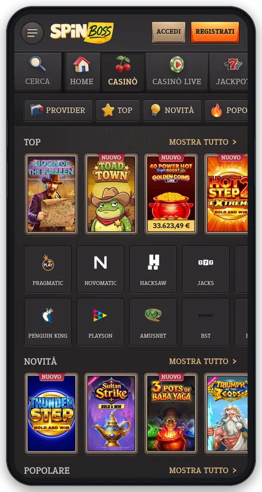 Pagina Casinò di SpinBoss da mobile: filtri Provider, Top, Novità e griglia dei provider