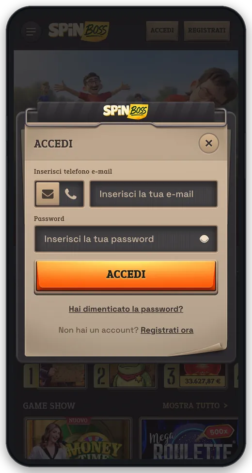 Finestra di accesso SpinBoss da mobile con e-mail o telefono, password e link Hai dimenticato la password